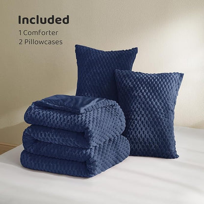 Petrichor Fluffy Queen Comforter Set - Ultra-Soft Navy Flannel Thick Comforter for Queen Bed, Luxury Warm Bedding Set for Winter & Fall, Cozy Fuzzy Bed Set 3 Pieces (1 Comforter & 2 Pillowcases)