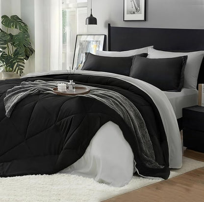 BEDELITE Twin Comforter Set 5 Pieces Bed in A Bag - Soft Microfiber Reversible Black Bed Set with Comforters, Sheets, Pillowcase & Sham, Cozy Luxury Bedding Sets for All Season