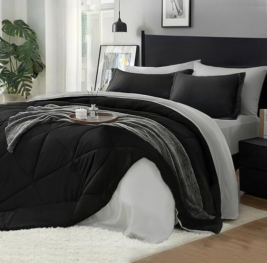 BEDELITE Twin Comforter Set 5 Pieces Bed in A Bag - Soft Microfiber Reversible Black Bed Set with Comforters, Sheets, Pillowcase & Sham, Cozy Luxury Bedding Sets for All Season