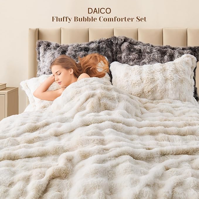 DAICO 3 Pieces Fluffy Faux Rabbit Fur Comforter Set Queen Size Tie Dyed Brown Plush Fuzzy Bubble Comforter Bedding Set Warm Cozy Bedding Comforter Sets for Winter, 1 Comforter and 2 Pillowcases