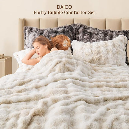 DAICO 3 Pieces Fluffy Faux Rabbit Fur Comforter Set Queen Size Tie Dyed Brown Plush Fuzzy Bubble Comforter Bedding Set Warm Cozy Bedding Comforter Sets for Winter, 1 Comforter and 2 Pillowcases