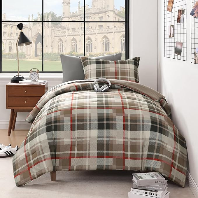 MaiRêve Twin XL Comforter Set, Plaid Design Comforter Set 5 Pieces,Twin XL Comforter for Dorm Farmhouse All Season Lightweight &Comfy with Fitted Sheet, Flat Sheet (Khaki, 66"x90")