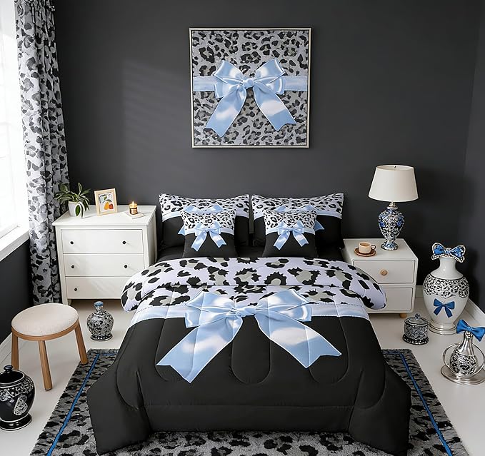 Feelyou Blue Silk Bowknot 7 Piece Bedding Set King Size Grey Leopard Comforter Set with Sheets for Kids Girls Women Black Blue Bed in a Bag Sweet Romantic Bed Set