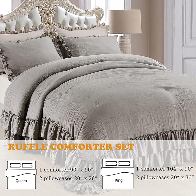 Masaca Grey Shabby Comforter Set Queen,Farmhouse Rustic Microfiber Bedding Ruffled Comforter Set,Vintage Gray Ruffle Comforter for Queen Bed Fluffy Aesthetic Bedding 3 Pieces
