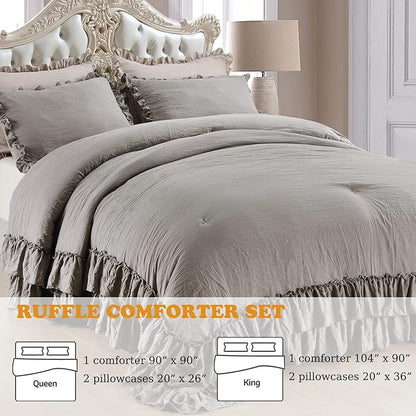 Masaca Grey Shabby Comforter Set Queen,Farmhouse Rustic Microfiber Bedding Ruffled Comforter Set,Vintage Gray Ruffle Comforter for Queen Bed Fluffy Aesthetic Bedding 3 Pieces