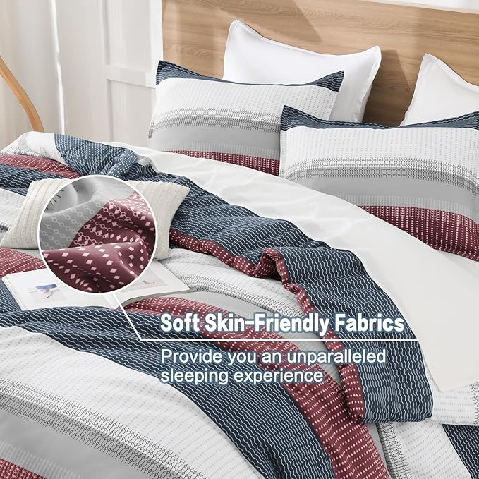 Litanika Comforter Set King Size Red Blue - 3 Pieces Lightweight Colorblock Stripe Fluffy Bedding Comforter Sets, All Season Bed Set