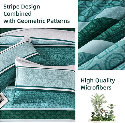 WONGS BEDDING 7 Pieces Comforter Set King Size, Green Striped Bed in a Bag Comforter and Sheet Set, Emerald Green Boho Soft Lightweight Micorfiber Bedding Set for All Season (90"×104")