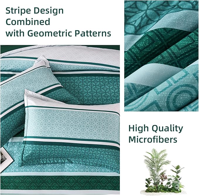 WONGS BEDDING 7 Pieces Comforter Set Queen Size, Green Striped Bed in a Bag Comforter and Sheet Set, Emerald Green Boho Soft Lightweight Micorfiber Bedding Set for All Season (90"×90")
