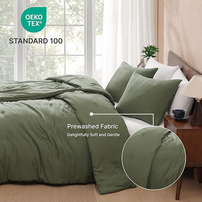 WRENSONGE Double Twin XL Comforter Set - 4 Pieces Prewashed Olive Green Bedding Set for All Seasons Soft Lightweight 2 Comforters (55" x 90") with 2 Pillow Shams