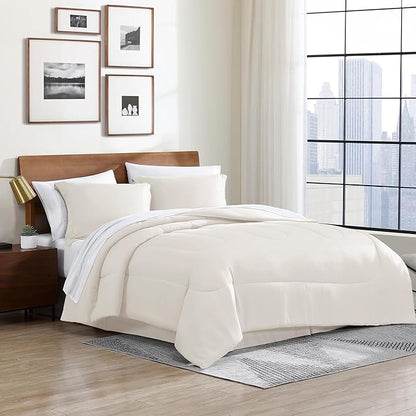 Cathay Home Basic Bedding Home Essential Ultra Soft Lightweight 8PC Wrinkle Resistant Microfiber Bed in a Bag Set (Includes Complete Sheet Set, Comforter Set & Bedskirt) - Queen, Coconut Milk