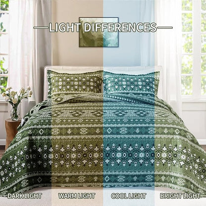 BEDIFANY Quilts Queen Size, Reversible Lightweight Bedspread with Boho Geometry Printed, Bed Spread Coverlet Sets for Bed Decoration, All-Season Queen Quilt Bedding Set (90 * 98 in), 3 Pieces - Green