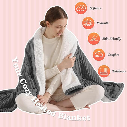 Electric Blanket Twin Size Heated Blanket - 62x84 inch Heating Blanket Twin with 5 Heat Levels & 10 Hours Auto-off, Cozy Flannel and Sherpa Fleece Heated Blankets Machine-washable, Warming Gift (Grey)