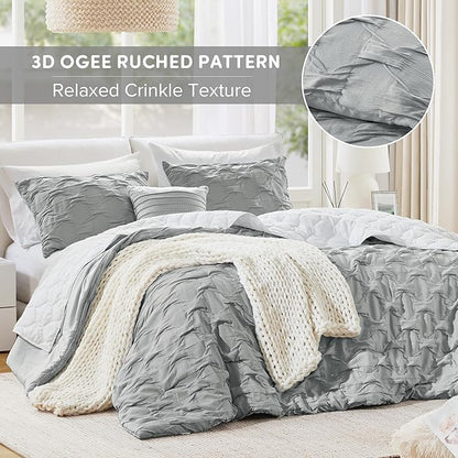 Comfort Spaces Twin/Twin XL Comforter Set for College Ogee Ruched Crinkle Texture Breathable Comforter Set Twin Dorm All Season Lightweight Bedding Set Shabby Chic Décor Pilow Grey 3 Piece