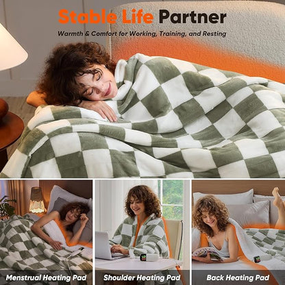 Sage Green Heated Blanket Electric Twin Size, 62X84 Heating Blanket with 10 Heat Levels & 8 Hours Auto Off, Checkered Plaid Soft Fleece Sherpa Blankets Warmer Gifts for Couch Grandma Women Adults