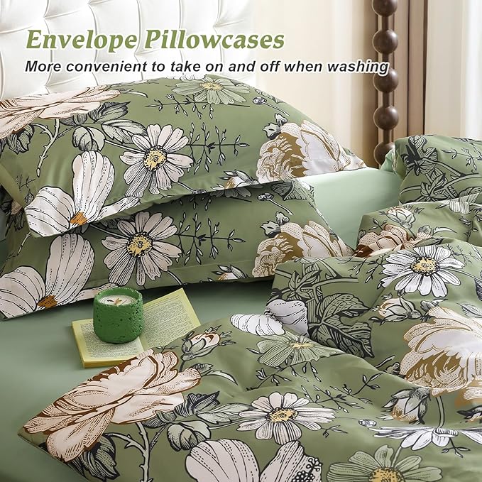 Luxudecor Queen Comforter Set 7 Pieces Bedding Sets,Olive Green Floral Comforter and Sheet Set,Soft Microfiber Bed in a Bag for All Seasons (Olive Green,90"x90")