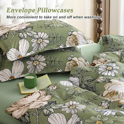 Luxudecor King Comforter Set 7 Pieces Bedding Sets,Olive Green Floral Comforter and Sheet Set,Soft Microfiber Bed in a Bag for All Seasons (Olive Green,104"x90")