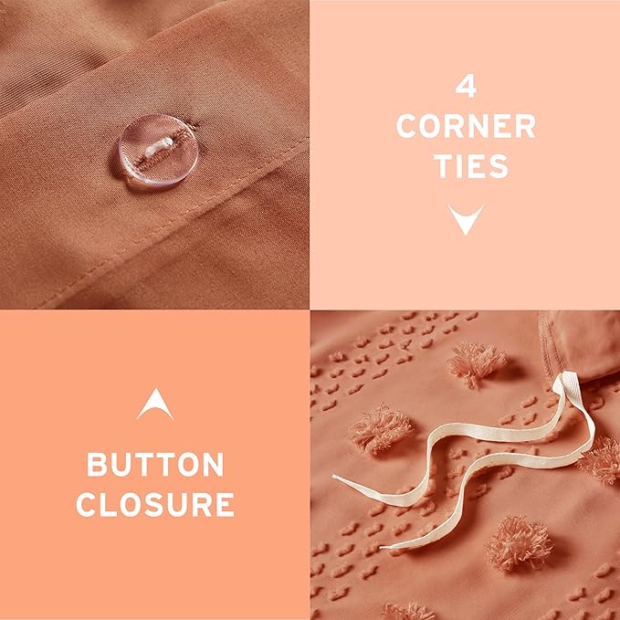 Intelligent Design Queen Duvet Cover Set, Clipped Jacquard Duvet Set Chic Pompoms Accent, All Seasons Lightweight Microfiber Bed Cover for Comforter with 2 Shams, Lucy, Full/Queen Rust 3 Piece