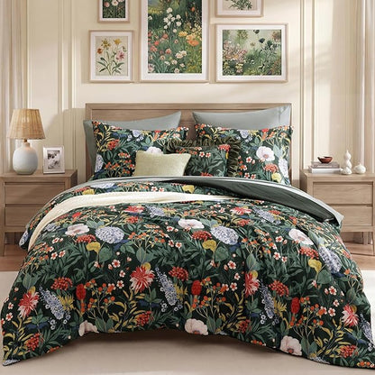 CASAAGUSTO King Size Comforter Set-7 Pieces Green Botanical Floral Bedding, Flowers Printed Design King Bed in a Bag with Botanical Flowers Comforter, Sheets, Pillowcases & Shams