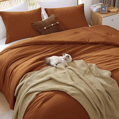 WRENSONGE Full Size Comforter Sets - 3 Pieces Prewashed Burnt Orange Comforter Soft Lightweight for All Seasons, Fluffy Down Alternative Comforter Full Size with 2 Pillow Shams