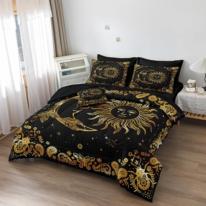 Black Gold Comforter Sets Sun and Moon Bedding Gold Stars Starry Sky Galaxy Theme Boho Chic Bedding Comforter Paisley Floral Botanical Exotic Comforter King Bed in A Bag
