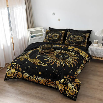 Black Gold Comforter Sets Sun and Moon Bedding Gold Stars Starry Sky Galaxy Theme Boho Chic Bedding Comforter Paisley Floral Botanical Exotic Comforter King Bed in A Bag