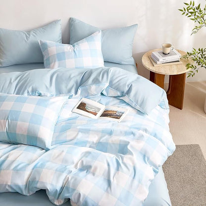 Wake In Cloud - Gingham Comforter Set, Plaid Buffalo Check Checkered Cottagecore Cute Geometric, Soft Lightweight Bedding, 3 Pieces, Light Blue White, Full Size