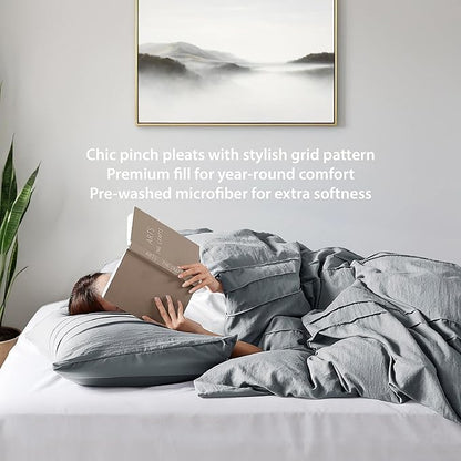 King Size Comforter Set Blue Grey, 3 Pieces Bedding Set, Ultra Soft Prewashed Bed Set, Pinch Pleat All Seasons Lightweight Comforter and Shams