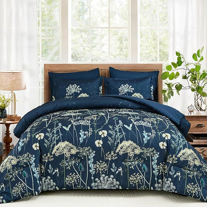 Yiran Navy Blue Floral Comforter Set King Size, 7 Piece Dandelion Botanical Spring Comforter Bedding Set, Bed in a Bag King, Soft Microfiber Complete Bedding Set with Sheets for All Season