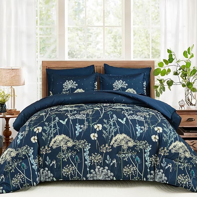 Yiran Navy Blue Floral Comforter Set Queen Size, 7 Piece Dandelion Botanical Spring Comforter Bedding Set, Bed in a Bag Queen, Soft Microfiber Complete Bedding Set with Sheets for All Season