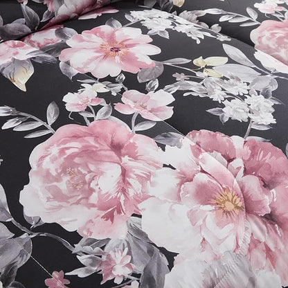 Joyreap 3pcs Floral Comforter Set King, Pink Flowers on Black Design, Microfiber Lightweight Bedding Comforter Set for All Season- 100x88 inches