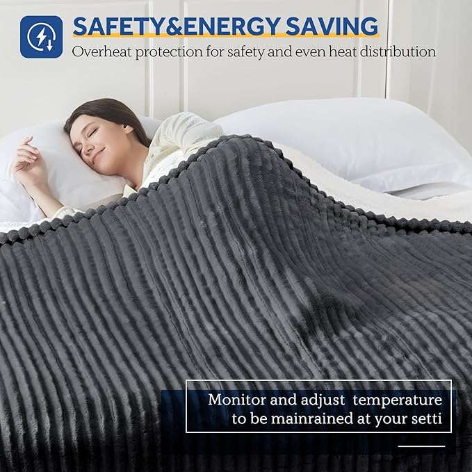Sealy Electric Blanket Full Size, Soft Ribbed Flannel to Sherpa Reversible Heated Blanket with 10 Heat Settings & 1-12 Hours Auto-Off Overheat Protection, Machine Washable, 72"x84" Charcoal