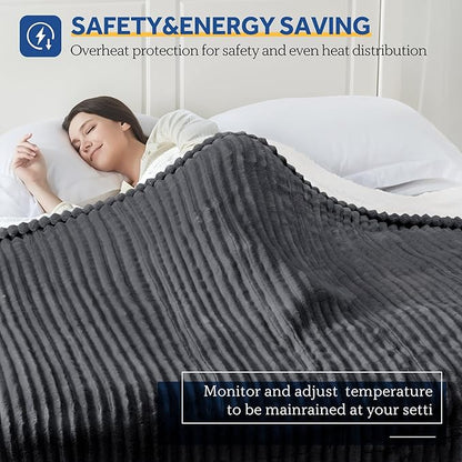 SEALY Electric Blanket Twin Size, Soft Ribbed Flannel to Sherpa Reversible Heated Blanket with 10 Heat Settings & 1 to 12 Hours Auto-Off Overheat Protection Machine Washable, 62"x84" Charcoal