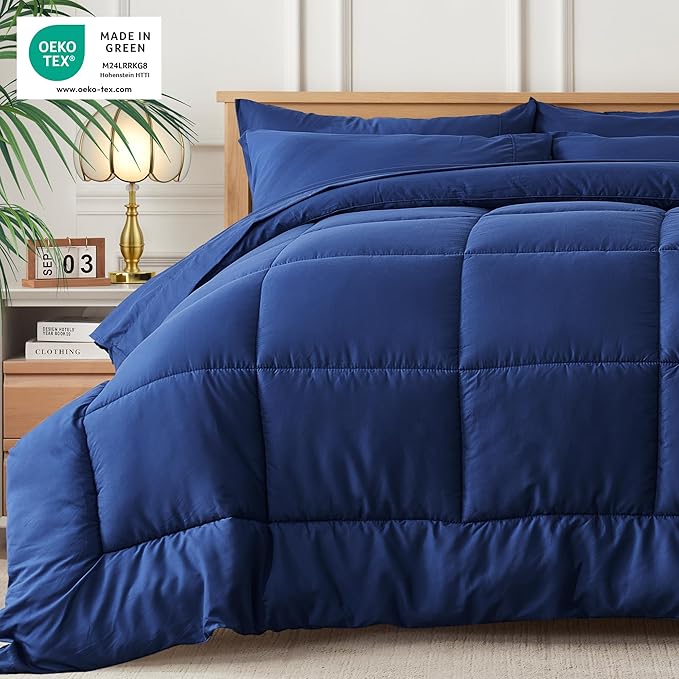 Newspin Queen Comforter Set Blue - Bed in a Bag Queen Size 7 Pieces, All Season Bed Set, Fluffy Comforter Set with Sheets, Sheet Set Quilt Blanket, Pillowcases & Shams