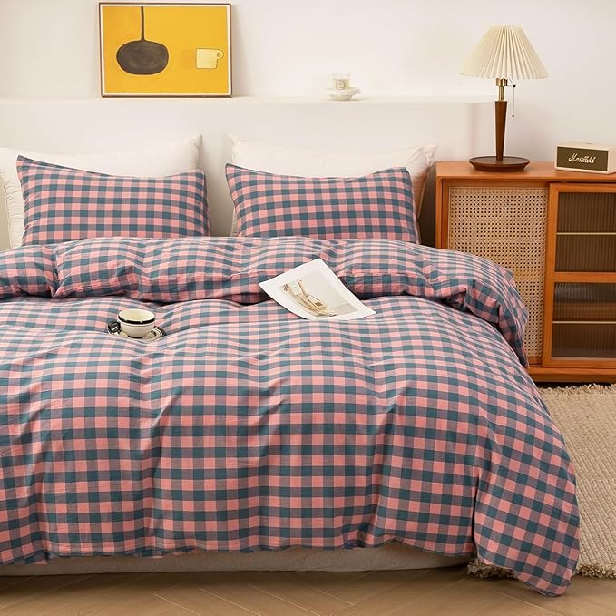 VM VOUGEMARKET Pink Blue Purple Plaid Comforter Set Queen,3 Pieces Gingham Comforter with 2 Pillowcases for Teen Girls Simple Modern Bedding Set (90"x90")