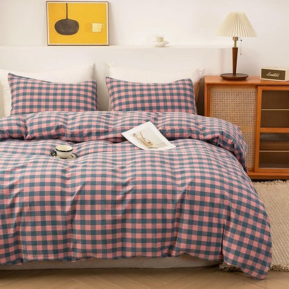 VM VOUGEMARKET Pink Plaid Comforter Set Full Blue Grid Gingham Down Comforter with 2 Pillowcases,Washed Cotton Modern Cozy Bedding Quilt Set for Teen Girls 80"x90"