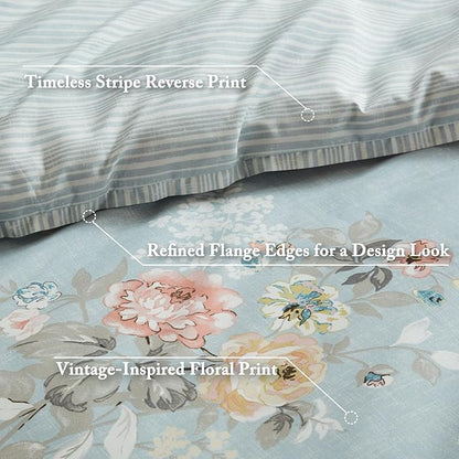 Madison Park Essentials Floral Comforter Set Cal King Size, Vintage Flower Bedding Set with Sheet Set, 7 Pieces Bed in a Bag, Reversible Botanical Comforter, Pillowcases & Shams, Heather, Soft Blue