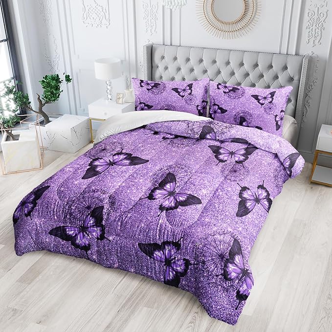 Violet Butterfly Comforter Set - King Size Kids Bedding with 1 Comforter and 2 Pillowcases - Butterfly & Dandelion Pattern All Season