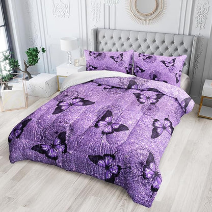 Violet Butterfly Comforter Set - Twin Size, Kids Bedding Set with Dandelion Pattern, All Season Comforter and 2 Pillowcases