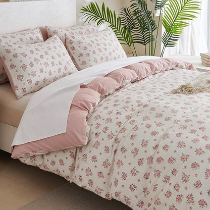 King Size Floral Comforter Set 3 Pieces Soft Cute Fresh Floral Bedding Comforter Lightweight Garden Style King Floral Botanical Comforter Set for All Seasons 1 Comforter and 2 Pillowcases