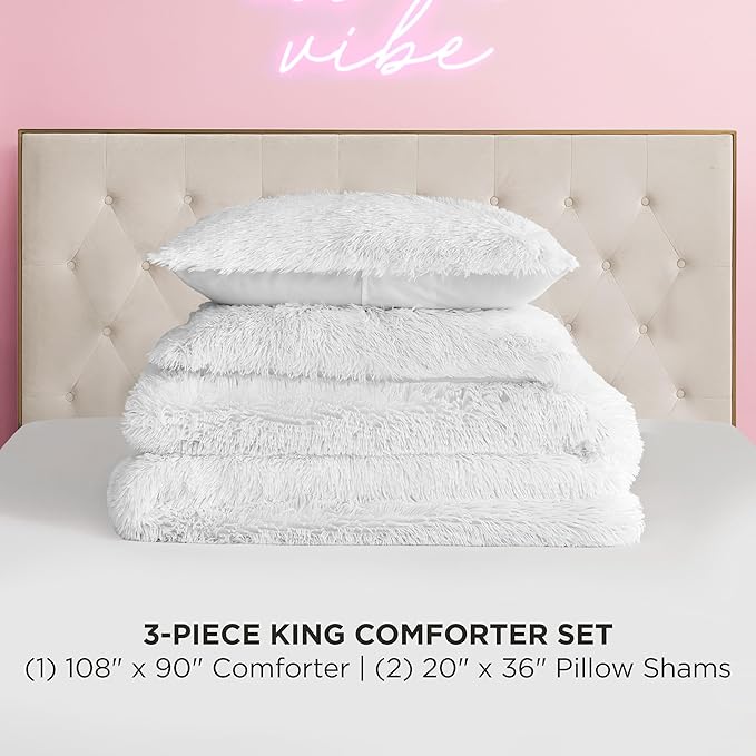 Juicy Couture Shaggy Faux Fur White King Comforter Set - Soft and Cozy 3-Piece Machine Washable Bedding Comforter and Sham Set