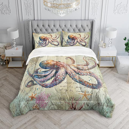 Retro Octopus Comforter Set Queen Size 3Pcs Nautical Coastal Compass Bedding Set Starfish Jellyfish Seaweed Quilt Bed Set for Boys Girls with 1 Comforter and 2 Pillowcases
