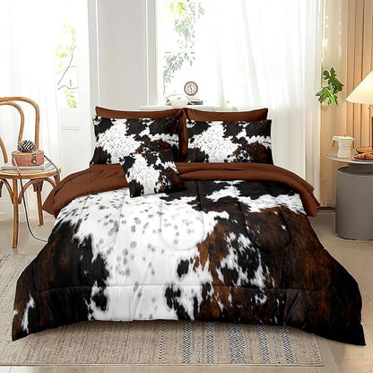 MUGINYU Brown Cowhide Comforter Set Queen, 8 Pieces Bed in a Bag Black White Cow Skin Print Western Farmhouse Animal Fur Bedding Set