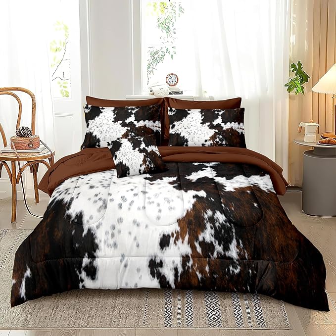 MUGINYU Brown Cowhide Comforter Set King, 8 Pieces Bed in a Bag Black White Cow Skin Print Western Farmhouse Animal Fur Bedding Set