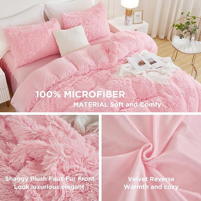 Andency Pink Comforter Full Size, 3 Pieces Fluffy Faux Fur Warm Soft Fuzzy Plush Bedding Comforter Set, Puffy Comfy Down Alternative Comforter Blanket Set