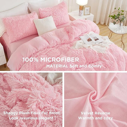 Andency Faux Fur Pink Comforter Set Queen Size, 3 Pieces Fluffy Fuzzy Plush Bedding Comforter Set (1 Shaggy Velvet Comforter & 2 Pillowcases), Soft Puffy Comfy Down Alternative Comforter Bedding Set
