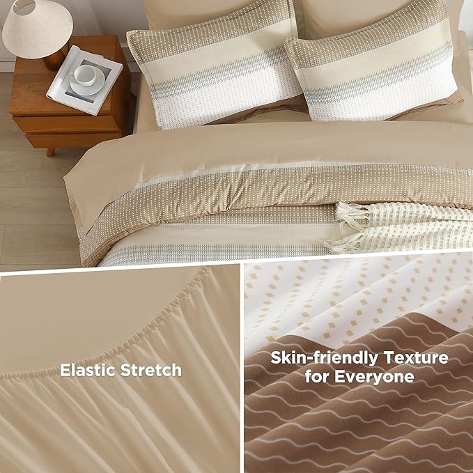 Andency California King Comforter Set Taupe - 7 Pieces Striped Lightweight Bed in a Bag, Soft Microfiber Reversible Bedding Set with Comforter, Fitted & Flat Sheet, Pillowcases & Shams