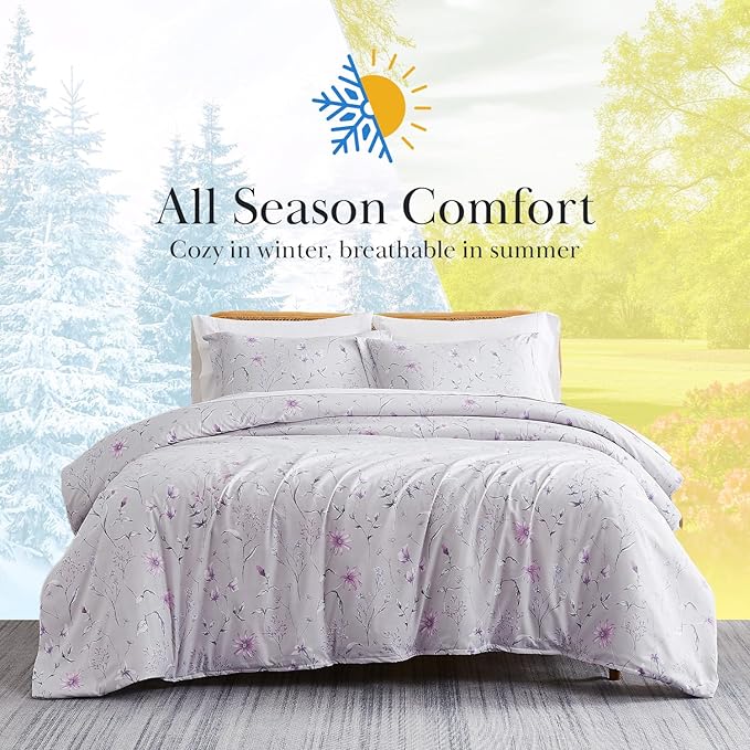 Southshore Fine Living, Inc. 3-Piece Full/Queen Size Comforter Set, Down Alternative All-Season Floral Comforter with Matching Shams, Soft Microfiber Bedspread, Full or Queen Bed, Secret Meadow Grey