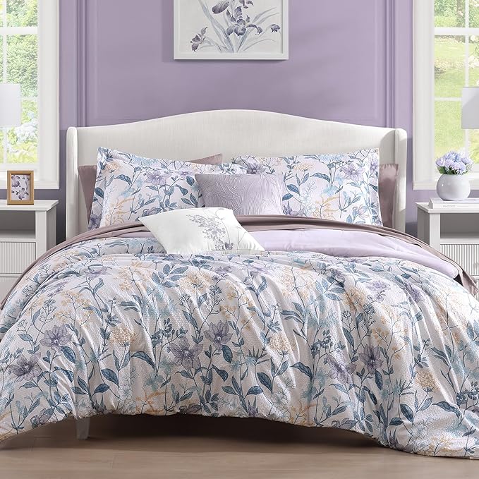 CASAAGUSTO Full Comforter Set, 7 PCS Purple Iris Floral Comforter Set with Flowers Leaves Pattern, Soft Seersucker Design All Season Full Size Bedding Set(80"X90")