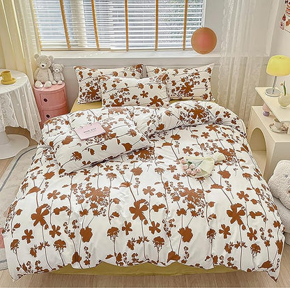 KAREVER Pumpkin Botanical Comforter Set Twin White Pumpkin Floral Plant Bedding Set Girls Autumn Season Rustic Blossom Leaves on White Blanket Twin Size