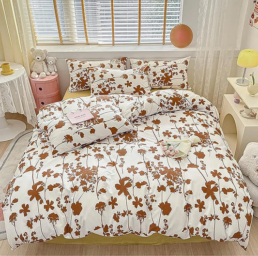 KAREVER Pumpkin Botanical Comforter Set Twin White Pumpkin Floral Plant Bedding Set Girls Autumn Season Rustic Blossom Leaves on White Blanket Twin Size
